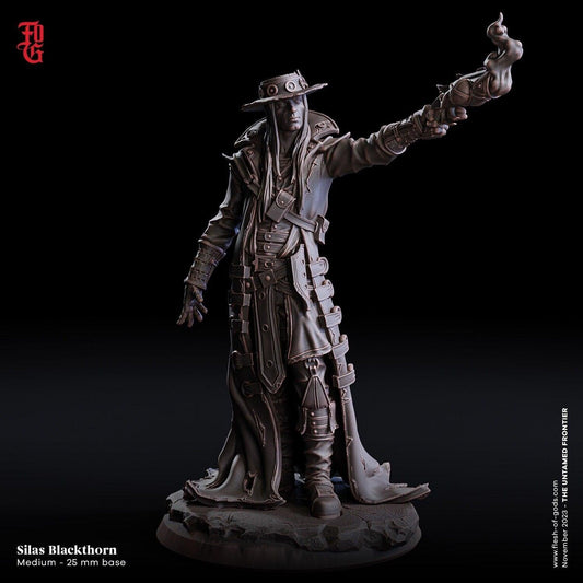 Silas Blackthorn | Gunslinging Sorcerer Outlaw Miniature for Wild West Adventures | 32mm Scale or 75mm Scale - Plague Miniatures shop for DnD Miniatures