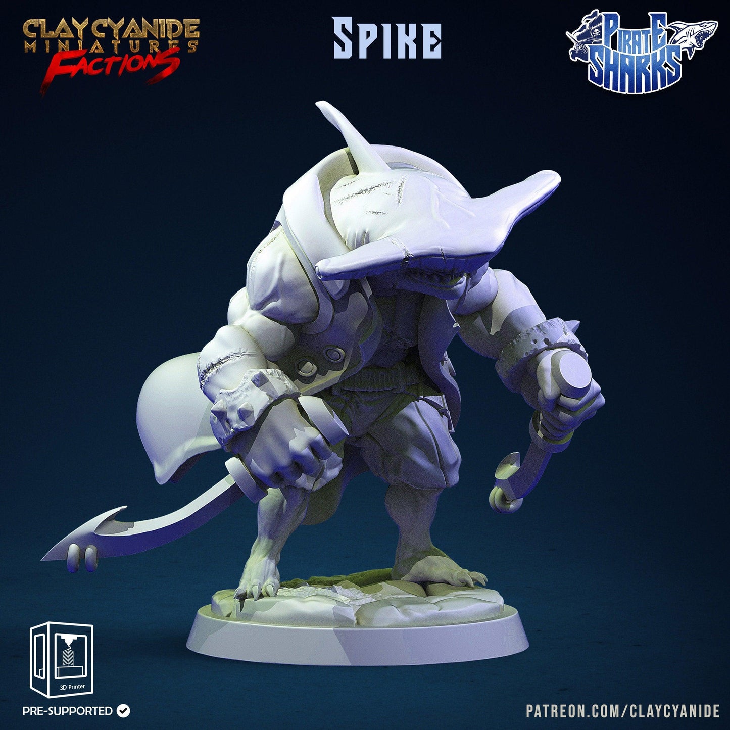 Spike, the Hammerhead Pirate Shark with a Dagger Miniature | Pirate-Themed DnD Miniature | Shark Humanoid 32mm Scale - Plague Miniatures