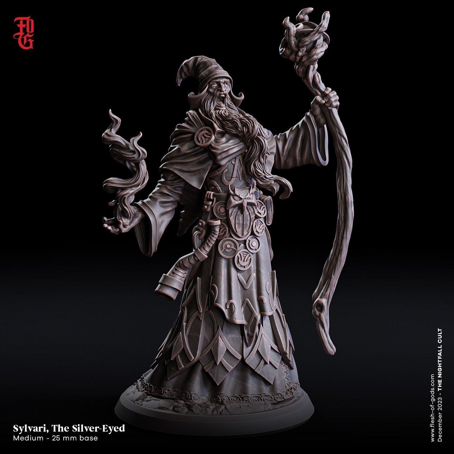 Sylvari, the Silver-Eyed Old Wizard Miniature | Dungeons and Dragons Sorcerer Figurine| 32mm Scale - Plague Miniatures