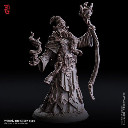 Sylvari, the Silver-Eyed Old Wizard Miniature | Dungeons and Dragons Sorcerer Figurine| 32mm Scale - Plague Miniatures