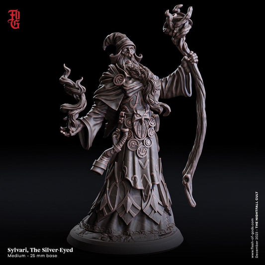 Sylvari, the Silver-Eyed Old Wizard Miniature | Dungeons and Dragons Sorcerer Figurine| 32mm Scale - Plague Miniatures