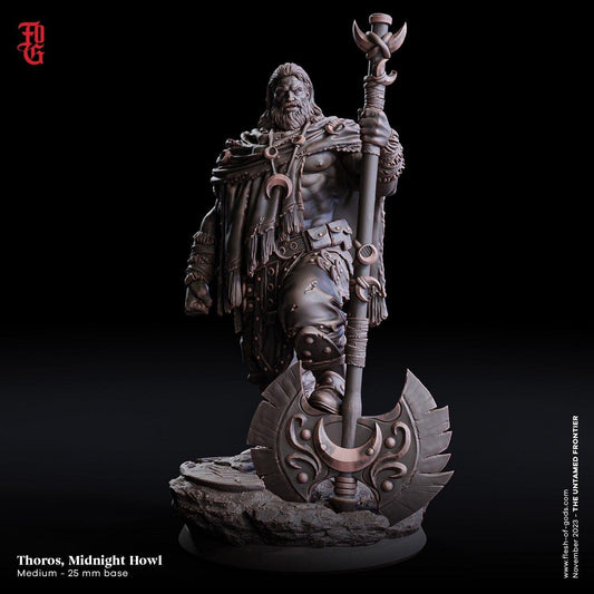 Thoros, Midnight Howl Moon-Blessed Warrior Miniature | Wild West Dungeons and Dragons | 32mm Scale or 75mm Scale - Plague Miniatures shop for DnD Miniatures