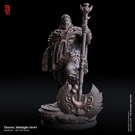 Thoros, Midnight Howl Moon-Blessed Warrior Miniature | Wild West Dungeons and Dragons | 32mm Scale or 75mm Scale - Plague Miniatures