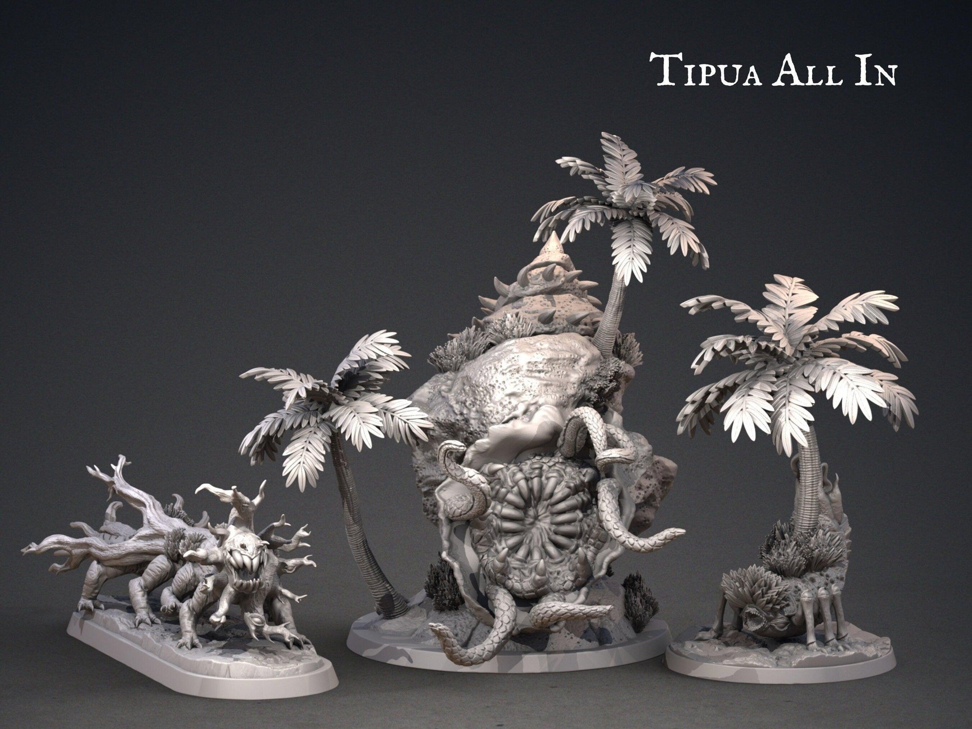Tipua DnD Terrain Miniature Set | Coconut Tree, Log Monster, Giant Shell Monster | 32mm Scale - Plague Miniatures