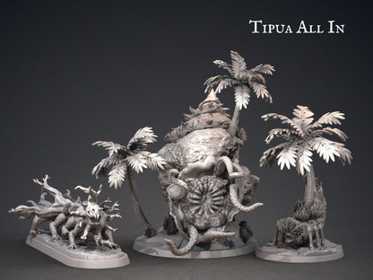 Tipua DnD Terrain Miniature Set | Coconut Tree, Log Monster, Giant Shell Monster | 32mm Scale - Plague Miniatures
