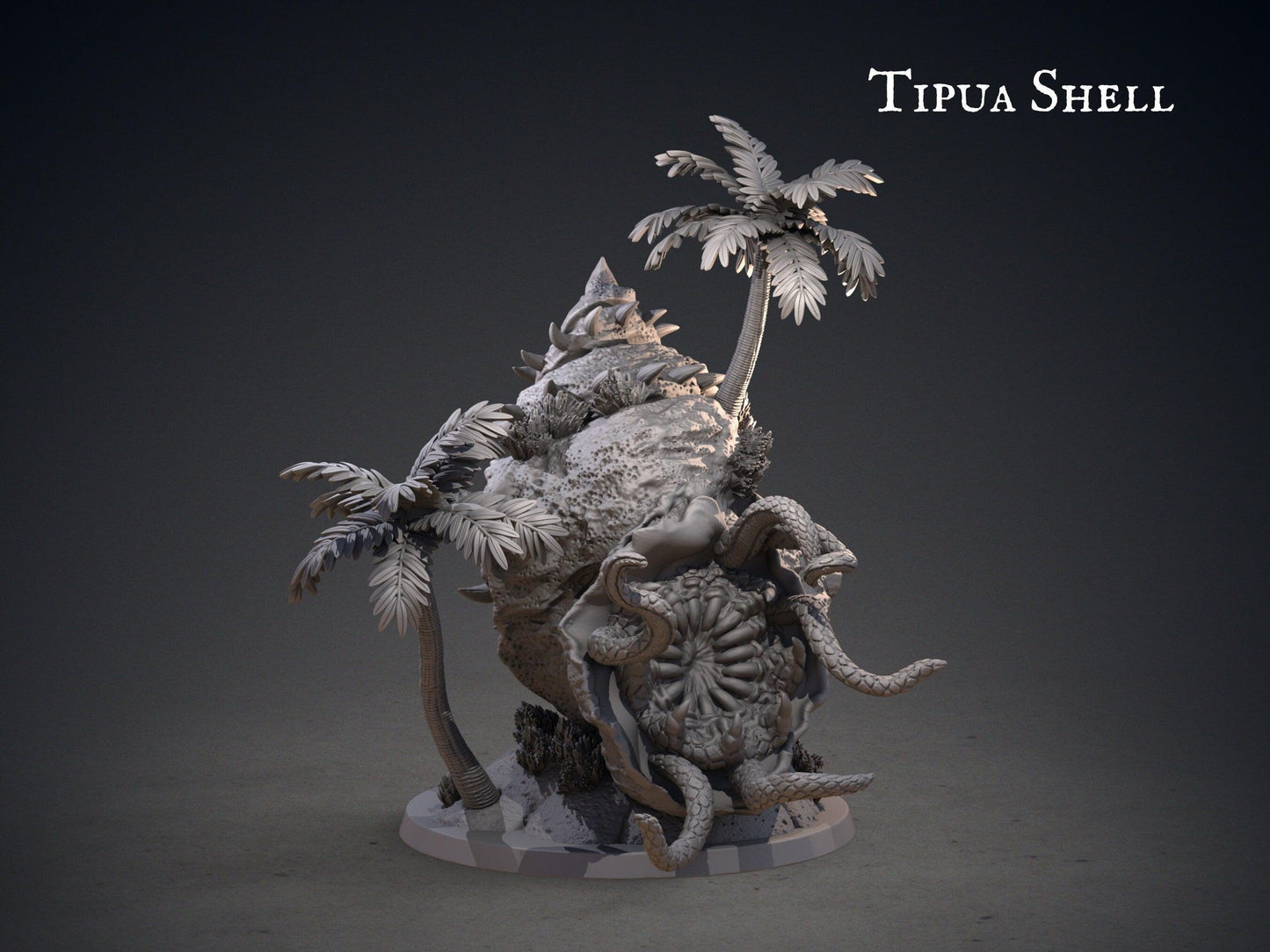 Tipua DnD Terrain Miniature Set | Coconut Tree, Log Monster, Giant Shell Monster | 32mm Scale - Plague Miniatures