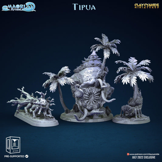 Tipua DnD Terrain Miniature Set | Coconut Tree, Log Monster, Giant Shell Monster | 32mm Scale - Plague Miniatures
