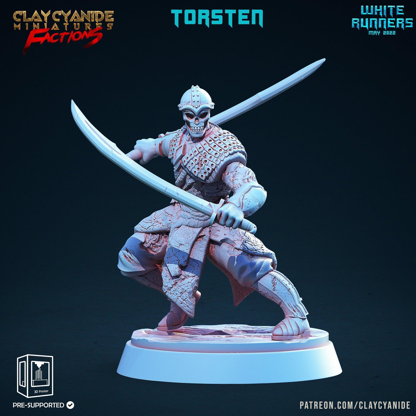 Torsten, White Runner Skeleton Miniature | Undead Dual Sword Duelist | 32mm Scale - Plague Miniatures
