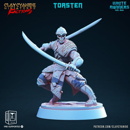Torsten, White Runner Skeleton Miniature | Undead Dual Sword Duelist | 32mm Scale - Plague Miniatures