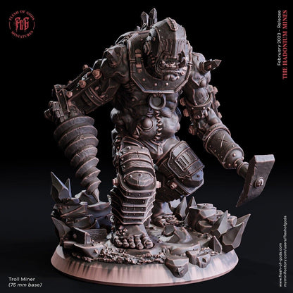 Troll Miner Miniature | Large Armored Troll for Tabletop RPGs | 75mm Base - Plague Miniatures