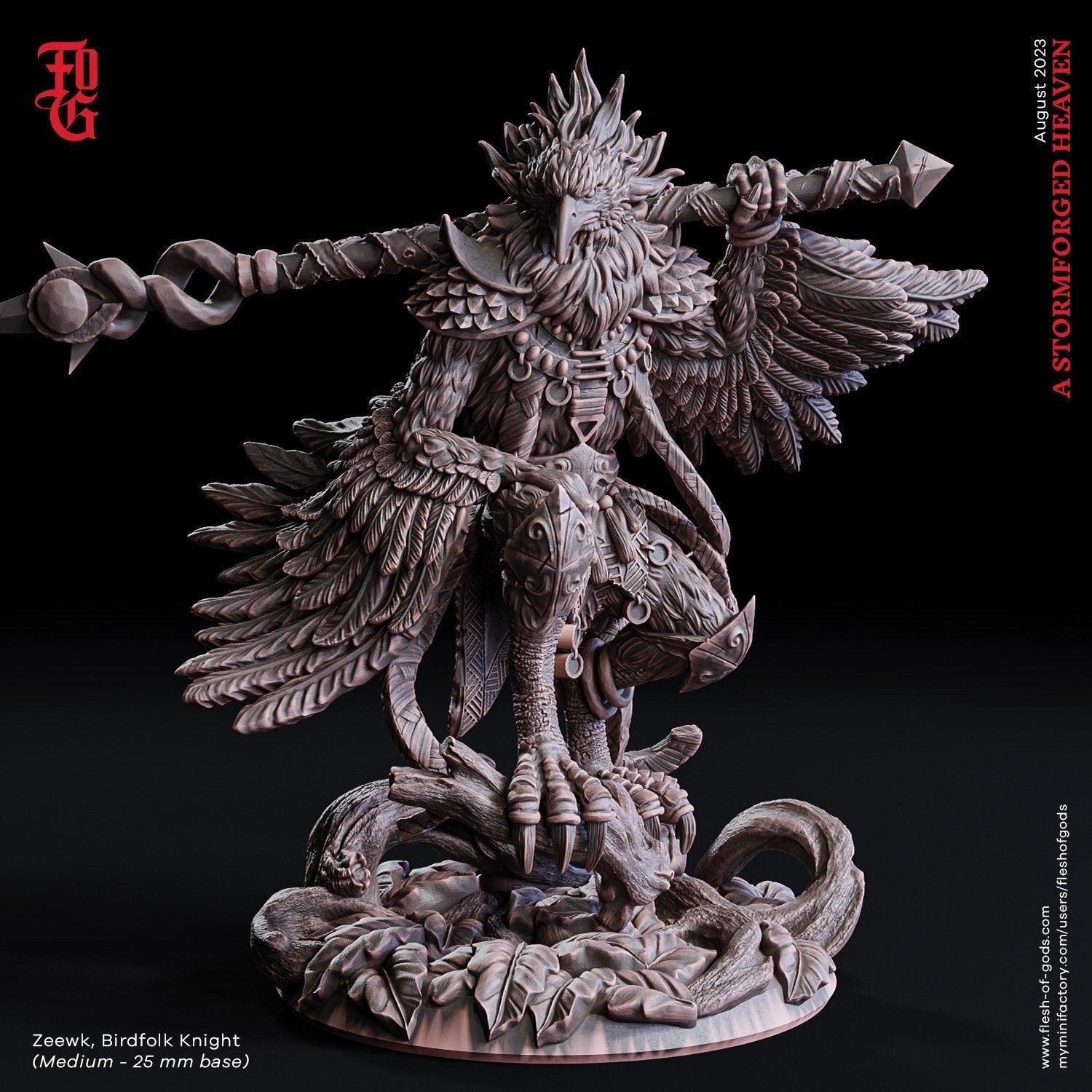 Zeewk, Birdfolk Knight Miniature | Aarakocra Avian Warrior for DnD | 32mm Scale or 75mm Scale - Plague Miniatures