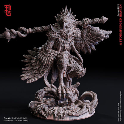Zeewk, Birdfolk Knight Miniature | Aarakocra Avian Warrior for DnD | 32mm Scale or 75mm Scale - Plague Miniatures